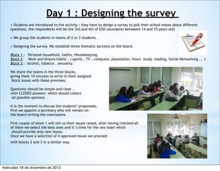 Day 1 : Designing the survey
• Students are introduced to the activity : they have to design a survey to poll their school mates about different
questions, the respondents will be the 3rd and 4th of ESO (stundents betweent 14 and 15 years old)
• We group the students in teams of 2 or 3 students .
• Designing the survey. We establish three thematic sections on the board.
Block 1 : Personal household, habits, Hhusekeeping.
Block 2: Work and leisure habits . ( sports , TV , computer, playstation, hours  study, reading, Social Networking ... )
Block 3 : alcohol, tobacco , sexuality.
We share the teams in the three blocks,
giving them 10 minutes to write in their assigned
block issues with these premises:
Questions should be simple and clear ,
with CLOSED answers which should collect
all possible opinions .
It Is the moment to discuss the students’ proponsals,
first we appoint a secretary who will remain on
the board writing the conclusions
First couple of block 1 will tell us their issues raised, after having checked all
of them we select the best ones and it´s time for the nex team which
should provide only new issues.
Once we have a selection of 4 approved issues we proceed
with blocks 2 and 3 in a similar way.

miércoles 18 de diciembre de 2013

 