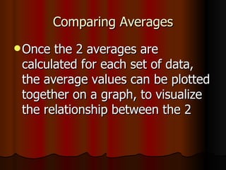 Comparing Averages Once the 2 averages are calculated for each set of data, the average values can be plotted together on a graph, to visualize the relationship between the 2 