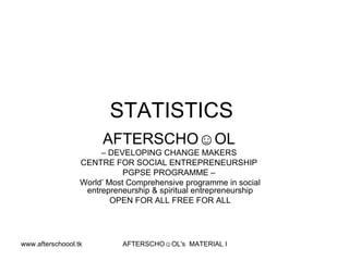 STATISTICS  AFTERSCHO☺OL   –  DEVELOPING CHANGE MAKERS  CENTRE FOR SOCIAL ENTREPRENEURSHIP  PGPSE PROGRAMME –  World’ Most Comprehensive programme in social entrepreneurship & spiritual entrepreneurship OPEN FOR ALL FREE FOR ALL 