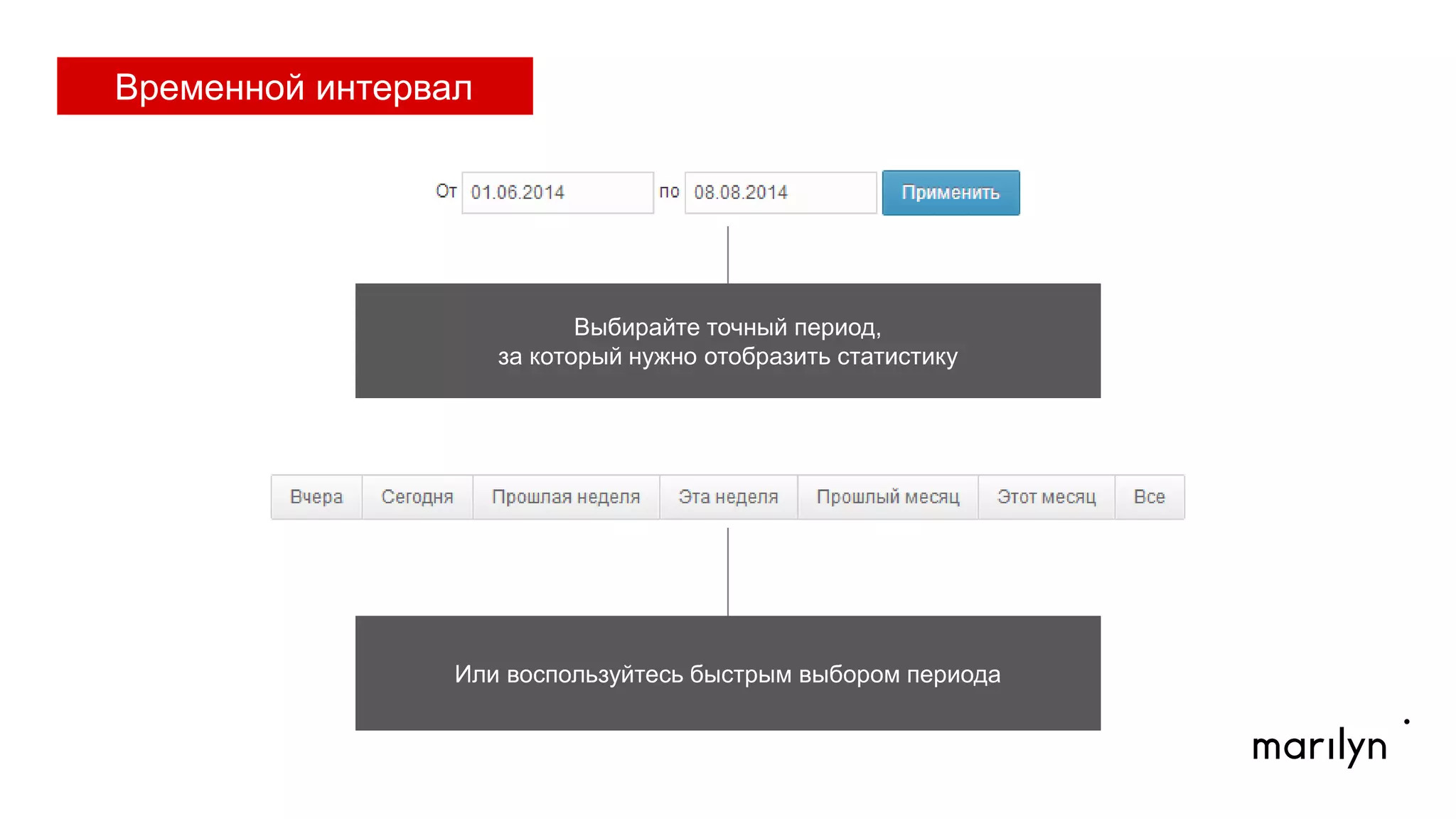 Или пользуйтесь быстрым выбором периода
Выбирайте точный период,
за который нужно отобразить статистику
Временной интервал
 