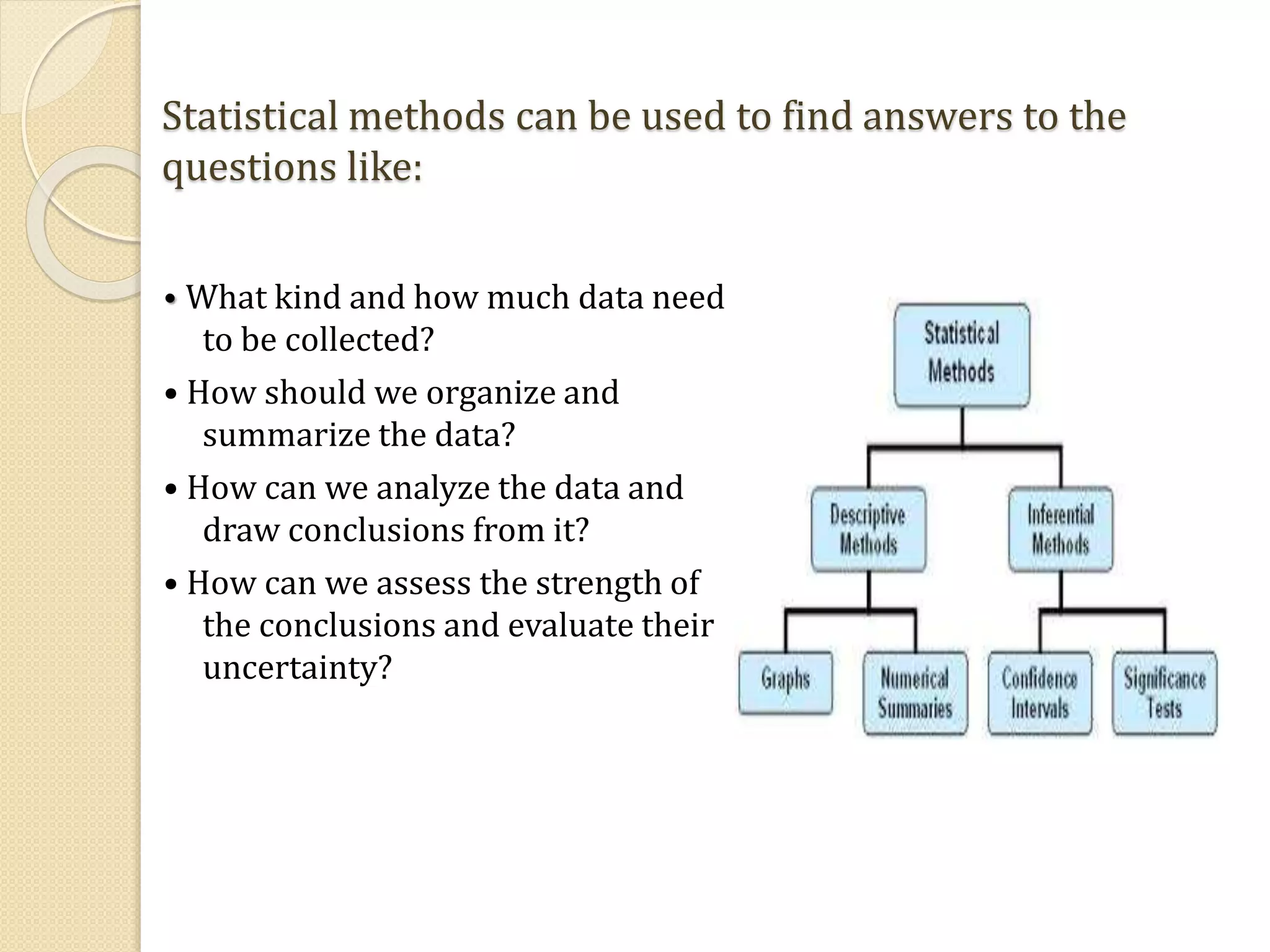 Statistical methods can be used to find answers to the
questions like:
• What kind and how much data need
to be collected?
• How should we organize and
summarize the data?
• How can we analyze the data and
draw conclusions from it?
• How can we assess the strength of
the conclusions and evaluate their
uncertainty?
 