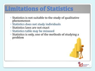 Limitations of Statistics
◦ Statistics is not suitable to the study of qualitative
phenomenon
◦ Statistics does not study individuals
◦ Statistics laws are not exact
◦ Statistics table may be misused
◦ Statistics is only, one of the methods of studying a
problem
◦
12
 