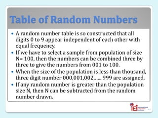Table of Random Numbers
 A random number table is so constructed that all
digits 0 to 9 appear independent of each other with
equal frequency.
 If we have to select a sample from population of size
N= 100, then the numbers can be combined three by
three to give the numbers from 001 to 100.
 When the size of the population is less than thousand,
three digit number 000,001,002,….. 999 are assigned.
 If any random number is greater than the population
size N, then N can be subtracted from the random
number drawn.
44
 