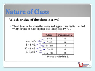 Nature of Class
Width or size of the class interval
◦ The difference between the lower and upper class limits is called
Width or size of class interval and is denoted by ‘ C’ .
98
 