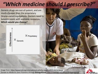 “Which medicine should I prescribe?”
Image from: http://www.msf.org/international-activity-report-2010-sierra-leone
Donate to Medecins Sans Friontiers through Biology4Good: http://i-biology.net/about/biology4good/
Generic drugs are out-of-patent, and are
much cheaper than the proprietary
(brand-name) equivalents. Doctors need to
balance needs with available resources.
Which would you choose?
 