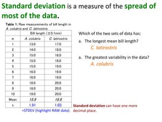 Standard deviation is a measure of the spread of
most of the data.
Table 1: Raw measurements of bill length in
A. colubris and C. latirostris.
Bill length (±0.1mm)
n A. colubris C. latirostris
1 13.0 17.0
2 14.0 18.0
3 15.0 18.0
4 15.0 18.0
5 15.0 19.0
6 16.0 19.0
7 16.0 19.0
8 18.0 20.0
9 18.0 20.0
10 19.0 20.0
Mean 15.9 18.8
s 1.91 1.03 Standard deviation can have one more
decimal place.=STDEV (highlight RAW data).
Which of the two sets of data has:
a. The longest mean bill length?
a. The greatest variability in the data?
C. latirostris
A. colubris
 