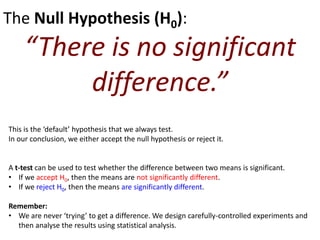 The Null Hypothesis (H0):
“There is no significant
difference.”
This is the ‘default’ hypothesis that we always test.
In our conclusion, we either accept the null hypothesis or reject it.
A t-test can be used to test whether the difference between two means is significant.
• If we accept H0, then the means are not significantly different.
• If we reject H0, then the means are significantly different.
Remember:
• We are never ‘trying’ to get a difference. We design carefully-controlled experiments and
then analyse the results using statistical analysis.
 