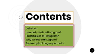 Contents
Definition
How do I create a Histogram?
Practical use of Histogram?
Why We use a Histogram?
An example of Ungrouped data
1
 