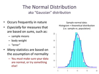 The Normal Distribution
aka “Gaussian” distribution
• Occurs frequently in nature
• Especially for measures that
are based on sums, such as:
– sample means
– body weight
– “error”
• Many statistics are based on
the assumption of normality
– You must make sure your data
are normal, or try something
else!
Sample normal data:
Histogram + theoretical distribution
(i.e. sample vs. population)
 