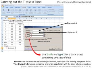 Two tails: we assume data are normally distributed, with two ‘tails’ moving away from mean.
Type 2 (unpaired): we are comparing one whole population with the other whole population.
(Type 1 pairs the results of each individual in set A with the same individual in set B).
 