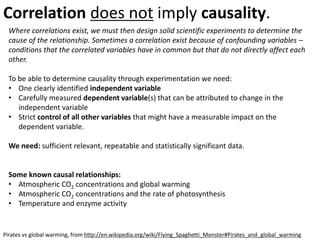 Correlation does not imply causality.
Pirates vs global warming, from http://en.wikipedia.org/wiki/Flying_Spaghetti_Monster#Pirates_and_global_warming
Where correlations exist, we must then design solid scientific experiments to determine the
cause of the relationship. Sometimes a correlation exist because of confounding variables –
conditions that the correlated variables have in common but that do not directly affect each
other.
To be able to determine causality through experimentation we need:
• One clearly identified independent variable
• Carefully measured dependent variable(s) that can be attributed to change in the
independent variable
• Strict control of all other variables that might have a measurable impact on the
dependent variable.
We need: sufficient relevant, repeatable and statistically significant data.
Some known causal relationships:
• Atmospheric CO2 concentrations and global warming
• Atmospheric CO2 concentrations and the rate of photosynthesis
• Temperature and enzyme activity
 