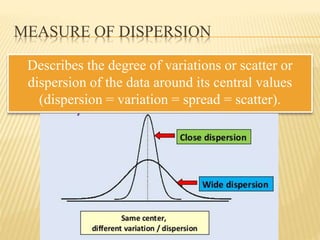 MEASURE OF DISPERSION
Describes the degree of variations or scatter or
dispersion of the data around its central values
(dispersion = variation = spread = scatter).
 
