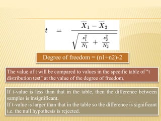 Degree of freedom = (n1+n2)-2
The value of t will be compared to values in the specific table of "t
distribution test" at the value of the degree of freedom.
If t-value is less than that in the table, then the difference between
samples is insignificant.
If t-value is larger than that in the table so the difference is significant
i.e. the null hypothesis is rejected.
 