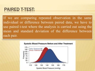 PAIRED T-TEST:
If we are comparing repeated observation in the same
individual or difference between paired data, we have to
use paired t-test where the analysis is carried out using the
mean and standard deviation of the difference between
each pair.
 