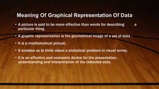 Meaning Of Graphical Representation Of Data
• A picture is said to be more effective than words for describing a
particular thing.
• A graphic representation is the geometrical image of a set of data .
• It is a mathematical picture.
• It enables us to think about a statistical problem in visual terms.
• It is an effective and economic device for the presentation ,
understanding and interpretation of the collected data.
 