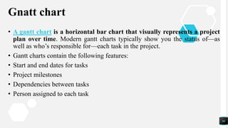 Gnatt chart
• A gantt chart is a horizontal bar chart that visually represents a project
plan over time. Modern gantt charts typically show you the status of—as
well as who’s responsible for—each task in the project.
• Gantt charts contain the following features:
• Start and end dates for tasks
• Project milestones
• Dependencies between tasks
• Person assigned to each task
64
 