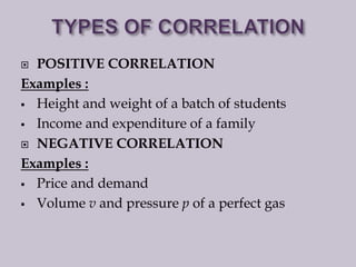  POSITIVE CORRELATION
Examples :
 Height and weight of a batch of students
 Income and expenditure of a family
 NEGATIVE CORRELATION
Examples :
 Price and demand
 Volume v and pressure p of a perfect gas
 