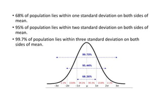 • 68% of population lies within one standard deviation on both sides of
mean.
• 95% of population lies within two standard deviation on both sides of
mean.
• 99.7% of population lies within three standard deviation on both
sides of mean.
 