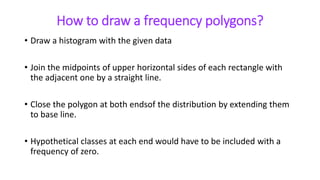 How to draw a frequency polygons?
• Draw a histogram with the given data
• Join the midpoints of upper horizontal sides of each rectangle with
the adjacent one by a straight line.
• Close the polygon at both endsof the distribution by extending them
to base line.
• Hypothetical classes at each end would have to be included with a
frequency of zero.
 