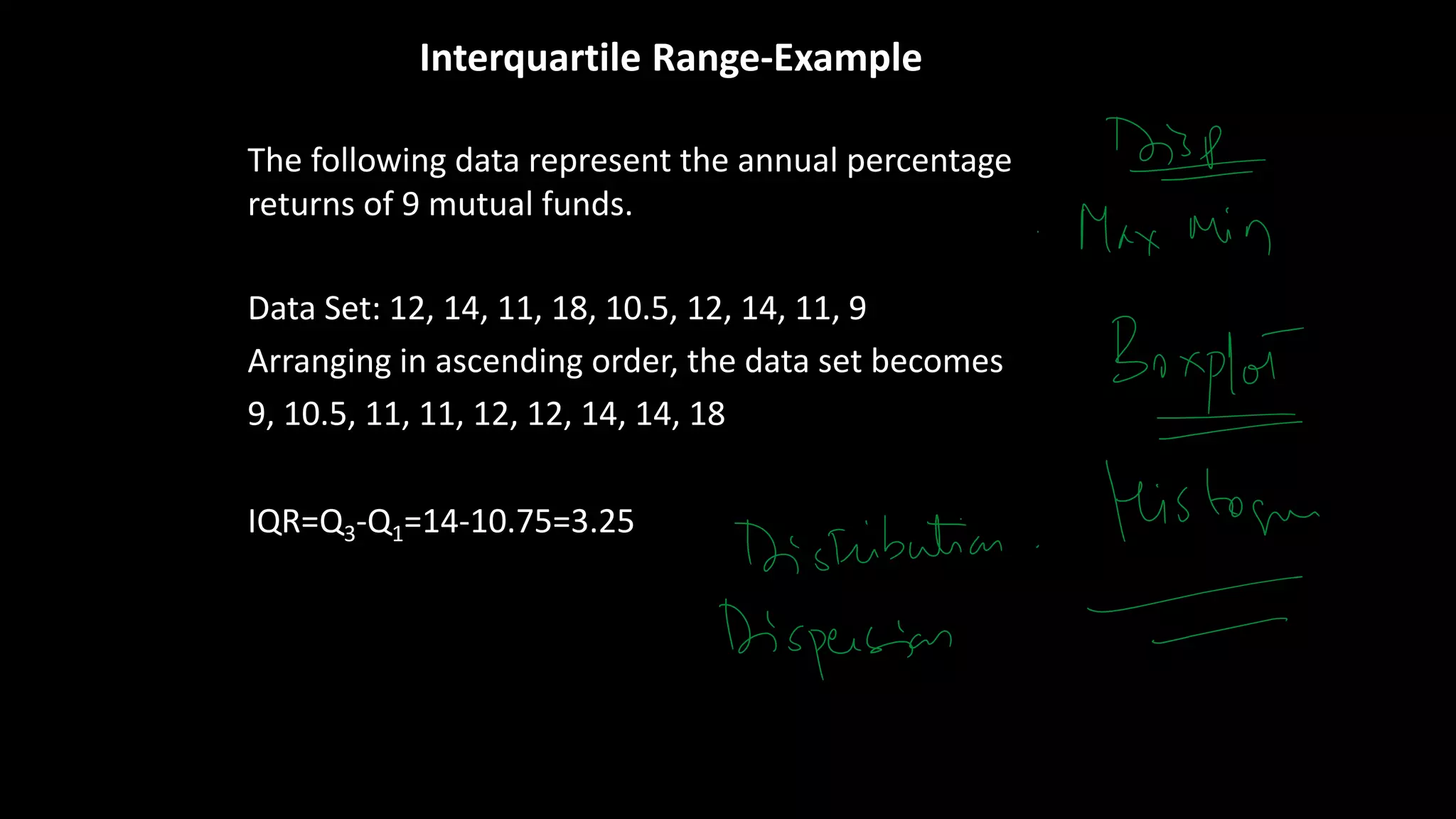 Interquartile Range-Example
The following data represent the annual percentage
returns of 9 mutual funds.
Data Set: 12, 14, 11, 18, 10.5, 12, 14, 11, 9
Arranging in ascending order, the data set becomes
9, 10.5, 11, 11, 12, 12, 14, 14, 18
IQR=Q3-Q1=14-10.75=3.25
 