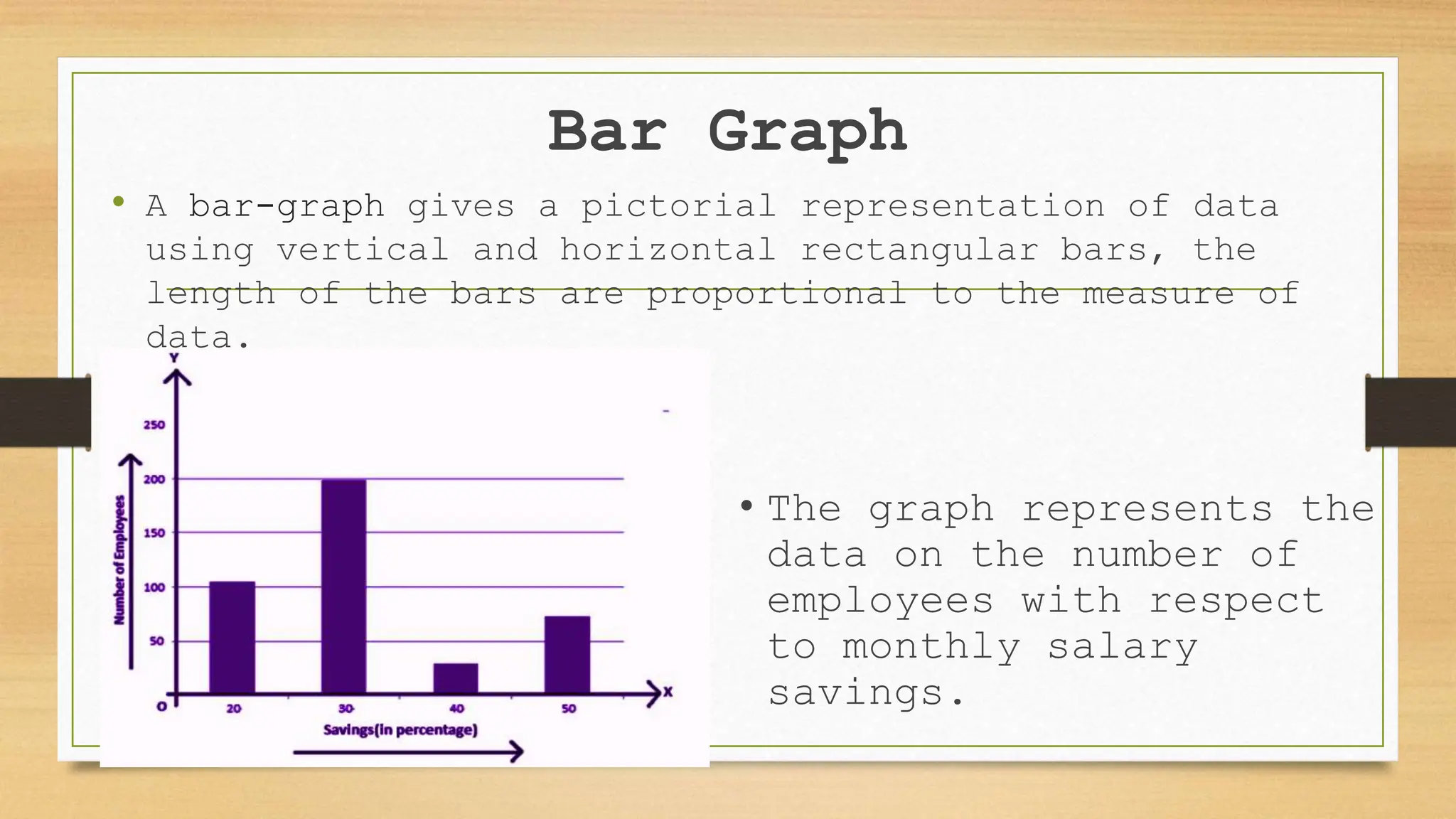 Bar Graph
• A bar-graph gives a pictorial representation of data
using vertical and horizontal rectangular bars, the
length of the bars are proportional to the measure of
data.
• The graph represents the
data on the number of
employees with respect
to monthly salary
savings.
 