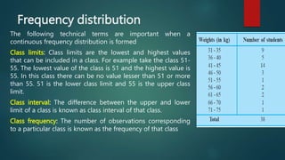 Frequency distribution
The following technical terms are important when a
continuous frequency distribution is formed
Class limits: Class limits are the lowest and highest values
that can be included in a class. For example take the class 51-
55. The lowest value of the class is 51 and the highest value is
55. In this class there can be no value lesser than 51 or more
than 55. 51 is the lower class limit and 55 is the upper class
limit.
Class interval: The difference between the upper and lower
limit of a class is known as class interval of that class.
Class frequency: The number of observations corresponding
to a particular class is known as the frequency of that class
 