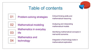 01 Critical thinking skills and
mathematical reasoning
Analyzing and interpreting
mathematical models
Identifying mathematical concepts in
real-world scenarios
Integration of technology tools in
mathematical exploration
03
02
04
Problem-solving strategies
Mathematical modeling
Mathematics in everyday
life
Mathematics and
technology
Table of contents
 