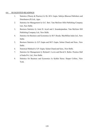 129
4.6 SUGGESTED READINGS
1. Statistics (Theory & Practice) by Dr. B.N. Gupta. Sahitya Bhawan Publishers and
Distributors (P) Ltd., Agra.
2. Statistics for Management by G.C. Beri. Tata McGraw Hills Publishing Company
Ltd., New Delhi.
3. Business Statistics by Amir D. Aczel and J. Sounderpandian. Tata McGraw Hill
Publishing Company Ltd., New Delhi.
4. Statistics for Business and Economics by R.P. Hooda. MacMillan India Ltd., New
Delhi.
5. Business Statistics by S.P. Gupta and M.P. Gupta. Sultan Chand and Sons., New
Delhi.
6. Statistical Method by S.P. Gupta. Sultan Chand and Sons., New Delhi.
7. Statistics for Management by Richard I. Levin and David S. Rubin. Prentice Hall
of India Pvt. Ltd., New Delhi.
8. Statistics for Business and Economics by Kohlar Heinz. Harper Collins., New
York.
 