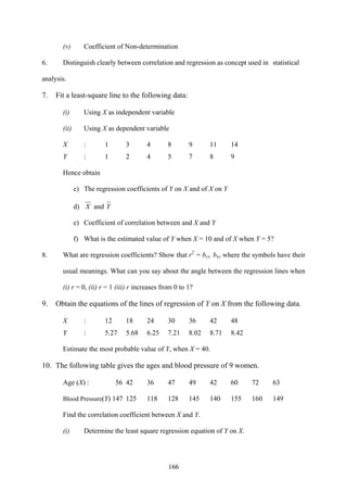 166
(v) Coefficient of Non-determination
6. Distinguish clearly between correlation and regression as concept used in statistical
analysis.
7. Fit a least-square line to the following data:
(i) Using X as independent variable
(ii) Using X as dependent variable
X : 1 3 4 8 9 11 14
Y : 1 2 4 5 7 8 9
Hence obtain
c) The regression coefficients of Y on X and of X on Y
d) X and Y
e) Coefficient of correlation between and X and Y
f) What is the estimated value of Y when X = 10 and of X when Y = 5?
8. What are regression coefficients? Show that r2
= byx. bxy where the symbols have their
usual meanings. What can you say about the angle between the regression lines when
(i) r = 0, (ii) r = 1 (iii) r increases from 0 to 1?
9. Obtain the equations of the lines of regression of Y on X from the following data.
X : 12 18 24 30 36 42 48
Y : 5.27 5.68 6.25 7.21 8.02 8.71 8.42
Estimate the most probable value of Y, when X = 40.
10. The following table gives the ages and blood pressure of 9 women.
Age (X) : 56 42 36 47 49 42 60 72 63
Blood Pressure(Y) 147 125 118 128 145 140 155 160 149
Find the correlation coefficient between X and Y.
(i) Determine the least square regression equation of Y on X.
 