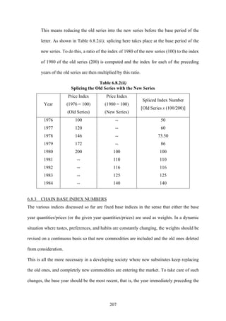 207
This means reducing the old series into the new series before the base period of the
letter. As shown in Table 6.8.2(ii), splicing here takes place at the base period of the
new series. To do this, a ratio of the index of 1980 of the new series (100) to the index
of 1980 of the old series (200) is computed and the index for each of the preceding
years of the old series are then multiplied by this ratio.
Table 6.8.2(ii)
Splicing the Old Series with the New Series
Year
Price Index
(1976 = 100)
(Old Series)
Price Index
(1980 = 100)
(New Series)
Spliced Index Number
[Old Series x (100/200)]
1976
1977
1978
1979
1980
1981
1982
1983
1984
100
120
146
172
200
--
--
--
--
--
--
--
--
100
110
116
125
140
50
60
73.50
86
100
110
116
125
140
6.8.3 CHAIN BASE INDEX NUMBERS
The various indices discussed so far are fixed base indices in the sense that either the base
year quantities/prices (or the given year quantities/prices) are used as weights. In a dynamic
situation where tastes, preferences, and habits are constantly changing, the weights should be
revised on a continuous basis so that new commodities are included and the old ones deleted
from consideration.
This is all the more necessary in a developing society where new substitutes keep replacing
the old ones, and completely new commodities are entering the market. To take care of such
changes, the base year should be the most recent, that is, the year immediately preceding the
 