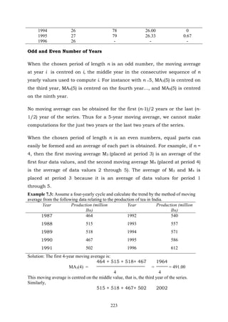 223
1994 26 78 26.00 0
1995 27 79 26.33 0.67
1996 26 - - -
Odd and Even Number of Years
When the chosen period of length n is an odd number, the moving average
at year i is centred on i, the middle year in the consecutive sequence of n
yearly values used to compute i. For instance with n =5, MA3(5) is centred on
the third year, MA4(5) is centred on the fourth year…, and MA9(5) is centred
on the ninth year.
No moving average can be obtained for the first (n-1)/2 years or the last (n-
1/2) year of the series. Thus for a 5-year moving average, we cannot make
computations for the just two years or the last two years of the series.
When the chosen period of length n is an even numbers, equal parts can
easily be formed and an average of each part is obtained. For example, if n =
4, then the first moving average M3 (placed at period 3) is an average of the
first four data values, and the second moving average M4 (placed at period 4)
is the average of data values 2 through 5). The average of M3 and M4 is
placed at period 3 because it is an average of data values for period 1
through 5.
Example 7.3: Assume a four-yearly cycle and calculate the trend by the method of moving
average from the following data relating to the production of tea in India.
Year Production (million
lbs)
Year Production (million
lbs)
1987 464 1992 540
1988 515 1993 557
1989 518 1994 571
1990 467 1995 586
1991 502 1996 612
Solution: The first 4-year moving average is:
464 + 515 + 518+ 467 1964
MA3(4) = = = 491.00
4 4
This moving average is centred on the middle value, that is, the third year of the series.
Similarly,
515 + 518 + 467+ 502 2002
 