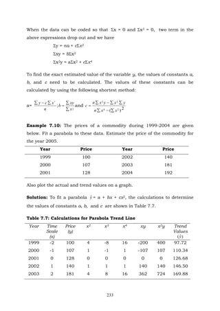 233
When the data can be coded so that Σx = 0 and Σx3 = 0, two term in the
above expressions drop out and we have
Σy = na + cΣx2
Σxy = bΣx2
Σx2y = aΣx2 + cΣx4
To find the exact estimated value of the variable y, the values of constants a,
b, and c need to be calculated. The values of these constants can be
calculated by using the following shortest method:
a=
2
;
2
x
xy
b
n
xcy
∑
∑
=
∑−∑
and
2)( 24
22
xxn
yxyxn
c
∑−∑
∑∑−∑
=
Example 7.10: The prices of a commodity during 1999-2004 are given
below. Fit a parabola to these data. Estimate the price of the commodity for
the year 2005.
Year Price Year Price
1999 100 2002 140
2000 107 2003 181
2001 128 2004 192
Also plot the actual and trend values on a graph.
Solution: To fit a parabola yˆ = a + bx + cx2, the calculations to determine
the values of constants a, b, and c are shown in Table 7.7.
Table 7.7: Calculations for Parabola Trend Line
Year Time
Scale
(x)
Price
(y)
x2 x3 x4 xy x2y Trend
Values
)ˆ(y
1999 -2 100 4 -8 16 -200 400 97.72
2000 -1 107 1 -1 1 -107 107 110.34
2001 0 128 0 0 0 0 0 126.68
2002 1 140 1 1 1 140 140 146.50
2003 2 181 4 8 16 362 724 169.88
 
