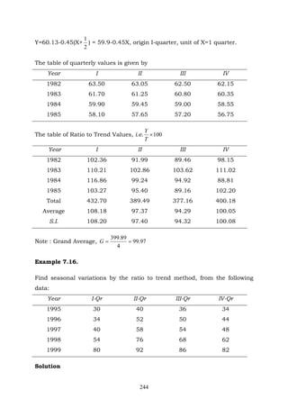 244
Y=60.13-0.45(X+
2
1
) = 59.9-0.45X, origin I-quarter, unit of X=1 quarter.
The table of quarterly values is given by
Year I II III IV
1982 63.50 63.05 62.50 62.15
1983 61.70 61.25 60.80 60.35
1984 59.90 59.45 59.00 58.55
1985 58.10 57.65 57.20 56.75
The table of Ratio to Trend Values, i.e. 100×
T
Y
Year I II III IV
1982 102.36 91.99 89.46 98.15
1983 110.21 102.86 103.62 111.02
1984 116.86 99.24 94.92 88.81
1985 103.27 95.40 89.16 102.20
Total 432.70 389.49 377.16 400.18
Average 108.18 97.37 94.29 100.05
S.I. 108.20 97.40 94.32 100.08
Note : Grand Average, 97.99
4
89.399
==G
Example 7.16.
Find seasonal variations by the ratio to trend method, from the following
data:
Year I-Qr II-Qr III-Qr IV-Qr
1995 30 40 36 34
1996 34 52 50 44
1997 40 58 54 48
1998 54 76 68 62
1999 80 92 86 82
Solution
 