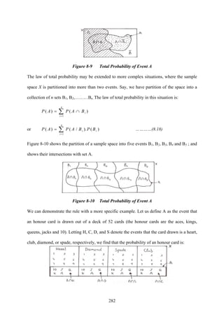 282
Figure 8-9 Total Probability of Event A
The law of total probability may be extended to more complex situations, where the sample
space X is partitioned into more than two events. Say, we have partition of the space into a
collection of n sets B1, B2,………Bn .The law of total probability in this situation is:
∑=
∩=
n
i
iBAPAP
1
)()(
or ∑=
=
n
i
ii BPBAPAP
1
)()./()( …………(8.18)
Figure 8-10 shows the partition of a sample space into five events B1, B2, B3, B4 and B5 ; and
shows their intersections with set A.
Figure 8-10 Total Probability of Event A
We can demonstrate the rule with a more specific example. Let us define A as the event that
an honour card is drawn out of a deck of 52 cards (the honour cards are the aces, kings,
queens, jacks and 10). Letting H, C, D, and S denote the events that the card drawn is a heart,
club, diamond, or spade, respectively, we find that the probability of an honour card is:
 