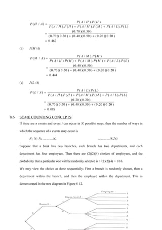 286
467.0
)20.0)(20.0()50.0)(40.0()30.0)(70.0(
)30.0)(70.0(
)()./()()./()()./(
)()./(
)/(
=
++
=
++
=
LPLAPMPMAPHPHAP
HPHAP
AHP
(b) P(M /A)
444.0
)20.0)(20.0()50.0)(40.0()30.0)(70.0(
)50.0)(40.0(
)()./()()./()()./(
)()./(
)/(
=
++
=
++
=
LPLAPMPMAPHPHAP
MPMAP
AMP
(c) P(L /A)
089.0
)20.0)(20.0()50.0)(40.0()30.0)(70.0(
)20.0)(20.0(
)()./()()./()()./(
)()./(
)/(
=
++
=
++
=
LPLAPMPMAPHPHAP
LPLAP
ALP
8.6 SOME COUNTING CONCEPTS
If there are n events and event i can occur in Ni possible ways, then the number of ways in
which the sequence of n events may occur is
N1. N2. N3 .……….Nn …………(8.24)
Suppose that a bank has two branches, each branch has two departments, and each
department has four employees. Then there are (2)(2)(4) choices of employees, and the
probability that a particular one will be randomly selected is 1/(2)(2)(4) = 1/16.
We may view the choice as done sequentially: First a branch is randomly chosen, then a
department within the branch, and then the employee within the department. This is
demonstrated in the tree diagram in Figure 8-12.
 