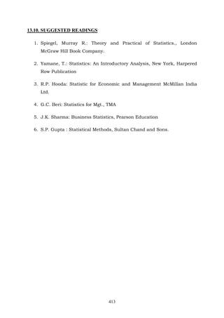 413
13.10. SUGGESTED READINGS
1. Spiegel, Murray R.: Theory and Practical of Statistics., London
McGraw Hill Book Company.
2. Yamane, T.: Statistics: An Introductory Analysis, New York, Harpered
Row Publication
3. R.P. Hooda: Statistic for Economic and Management McMillan India
Ltd.
4. G.C. Beri: Statistics for Mgt., TMA
5. J.K. Sharma: Business Statistics, Pearson Education
6. S.P. Gupta : Statistical Methods, Sultan Chand and Sons.
 