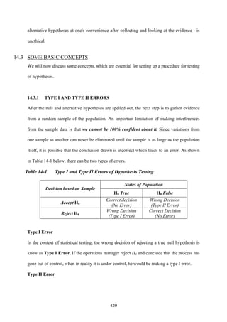 420
alternative hypotheses at one's convenience after collecting and looking at the evidence - is
unethical.
14.3 SOME BASIC CONCEPTS
We will now discuss some concepts, which are essential for setting up a procedure for testing
of hypotheses.
14.3.1 TYPE I AND TYPE II ERRORS
After the null and alternative hypotheses are spelled out, the next step is to gather evidence
from a random sample of the population. An important limitation of making interferences
from the sample data is that we cannot be 100% confident about it. Since variations from
one sample to another can never be eliminated until the sample is as large as the population
itself, it is possible that the conclusion drawn is incorrect which leads to an error. As shown
in Table 14-1 below, there can be two types of errors.
Table 14-1 Type I and Type II Errors of Hypothesis Testing
States of Population
Decision based on Sample
H0 True H0 False
Accept H0
Correct decision
(No Error)
Wrong Decision
(Type II Error)
Reject H0
Wrong Decision
(Type I Error)
Correct Decision
(No Error)
Type I Error
In the context of statistical testing, the wrong decision of rejecting a true null hypothesis is
know as Type I Error. If the operations manager reject H0 and conclude that the process has
gone out of control, when in reality it is under control, he would be making a type I error.
Type II Error
 