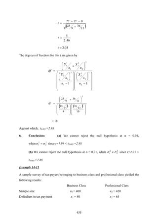 455
( )11
36
9
25
01722
+
−−
=t
46.2
5
=t
03.2=t
The degrees of freedom for this t are given by
⎟
⎟
⎟
⎟
⎟
⎠
⎞
⎜
⎜
⎜
⎜
⎜
⎝
⎛
−
⎟
⎠
⎞
⎜
⎝
⎛
⎟
⎟
⎟
⎟
⎟
⎠
⎞
⎜
⎜
⎜
⎜
⎜
⎝
⎛
−
⎟
⎠
⎞
⎜
⎝
⎛
⎟
⎠
⎞
⎜
⎝
⎛
+
=
11 2
2
2
2
2
1
2
1
2
1
2
2
2
2
1
2
1
n
n
S
n
n
S
n
S
n
S
df
( ) ( )
⎟
⎟
⎟
⎠
⎞
⎜
⎜
⎜
⎝
⎛
⎟
⎟
⎟
⎠
⎞
⎜
⎜
⎜
⎝
⎛
⎟
⎠
⎞
⎜
⎝
⎛
+
=
10
11
36
8
9
25
11
36
9
25
22
2
df
= 18
Against which, t0.005 =2.88
6. Conclusion: (a) We cannot reject the null hypothesis at α = 0.01,
when 2
2
2
1 σσ = since t=1.99 < t0.005 =2.88.
(b) We cannot reject the null hypothesis at α = 0.01, when 2
2
2
1 σσ =/ since t=2.03 <
t0.005 =2.88.
Example 14-11
A sample survey of tax-payers belonging to business class and professional class yielded the
following results:
Business Class Professional Class
Sample size n1 = 400 n2 = 420
Defaulters in tax payment x1 = 80 x2 = 65
 