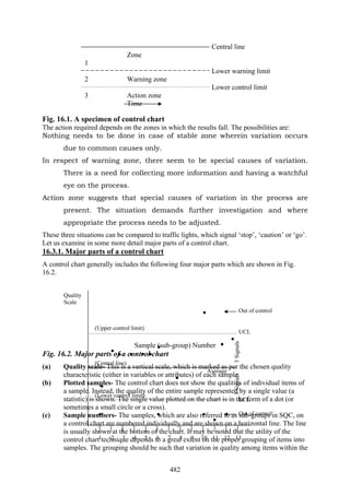 482
Central line
Zone
1
Lower warning limit
2 Warning zone
Lower control limit
3 Action zone
Time
Fig. 16.1. A specimen of control chart
The action required depends on the zones in which the results fall. The possibilities are:
Nothing needs to be done in case of stable zone wherein variation occurs
due to common causes only.
In respect of warning zone, there seem to be special causes of variation.
There is a need for collecting more information and having a watchful
eye on the process.
Action zone suggests that special causes of variation in the process are
present. The situation demands further investigation and where
appropriate the process needs to be adjusted.
These three situations can be compared to traffic lights, which signal ‘stop’, ‘caution’ or ‘go’.
Let us examine in some more detail major parts of a control chart.
16.3.1. Major parts of a control chart
A control chart generally includes the following four major parts which are shown in Fig.
16.2.
Sample (sub-group) Number
Fig. 16.2. Major parts of a control chart
(a) Quality scale- This is a vertical scale, which is marked as per the chosen quality
characteristic (either in variables or attributes) of each sample.
(b) Plotted samples- The control chart does not show the qualities of individual items of
a sample. Instead, the quality of the entire sample represented by a single value (a
statistic) is shown. The single value plotted on the chart is in the form of a dot (or
sometimes a small circle or a cross).
(c) Sample numbers- The samples, which are also referred to as sub-groups in SQC, on
a control chart are numbered individually and are shown on a horizontal line. The line
is usually shown at the bottom of the chart. It may be noted that the utility of the
control chart technique depends to a great extent on the proper grouping of items into
samples. The grouping should be such that variation in quality among items within the
Quality
Scale
Out of control
(Upper control limit)
(Central line)
(Lower control limit)
Out of control
1 2 3 4 5 6 7 8 9 10 11 12 13
UCL
LCL
3Signals3Signals
Average
 