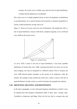 74
contrary, the Lorenz curve is farther away from the line of equal distribution,
it implies that the dispersion is considerable.
The Lorenz curve is a simple graphical device to show the disparities of distribution
in any phenomenon. It is, used in business and economics to represent inequalities in
income, wealth, production, savings, and so on.
Figure 3.1 shows two Lorenz curves by way of illustration. The straight line AB is a
line of equal distribution, whereas AEB shows complete inequality. Curve ACB and
curve ADB are the Lorenz curves.
A F
Figure 3.1: Lorenz Curve
As curve ACB is nearer to the line of equal distribution, it has more equitable
distribution of income than curve ADB. Assuming that these two curves are for the
same company, this may be interpreted in a different manner. Prior to taxation, the
curve ADB showed greater inequality in the income of its employees. After the
taxation, the company’s data resulted into ACB curve, which is closer to the line of
equal distribution. In other words, as a result of taxation, the inequality has reduced.
3.10 SKEWNESS: MEANING AND DEFINITIONS
In the above paragraphs, we have discussed frequency distributions in detail. It may
be repeated here that frequency distributions differ in three ways: Average value,
Variability or dispersion, and Shape. Since the first two, that is, average value and
 