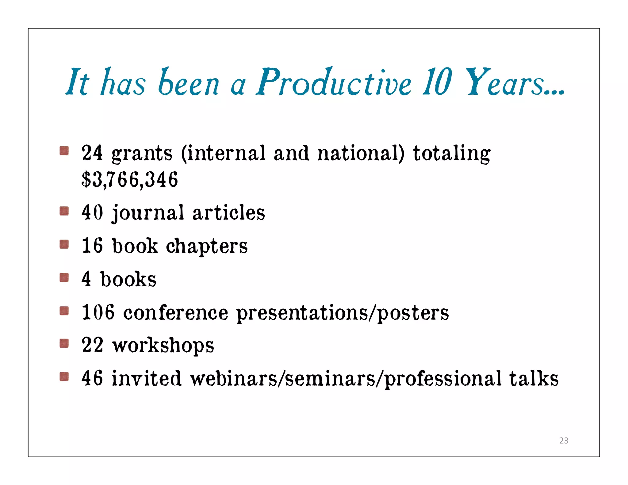 It has been a Productive 10 Years...
 24 grants (internal and national) totaling
 $3,766,346
 40 journal articles
 16 book chapters
 4 books
 106 conference presentations/posters
 22 workshops
 46 invited webinars/seminars/professional talks

                                                   23
 