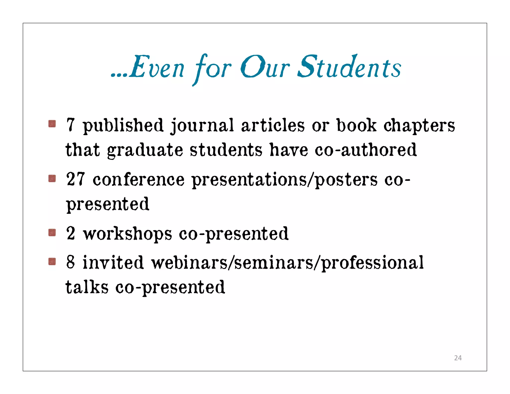 ...Even for Our Students
7 published journal articles or book chapters
that graduate students have co-authored
27 conference presentations/posters co-
presented
2 workshops co-presented
8 invited webinars/seminars/professional
talks co-presented


                                            24
 