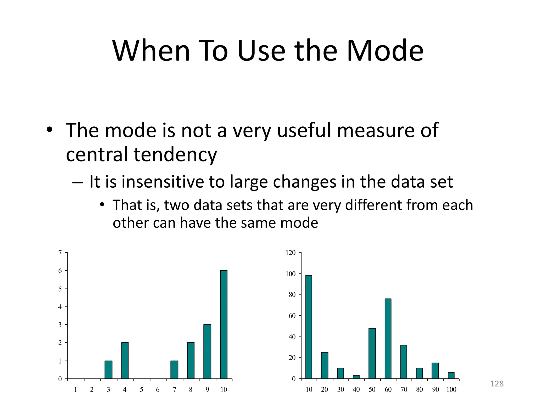 128
When To Use the Mode
• The mode is not a very useful measure of
central tendency
– It is insensitive to large changes in the data set
• That is, two data sets that are very different from each
other can have the same mode
0
1
2
3
4
5
6
7
1 2 3 4 5 6 7 8 9 10
0
20
40
60
80
100
120
10 20 30 40 50 60 70 80 90 100
 