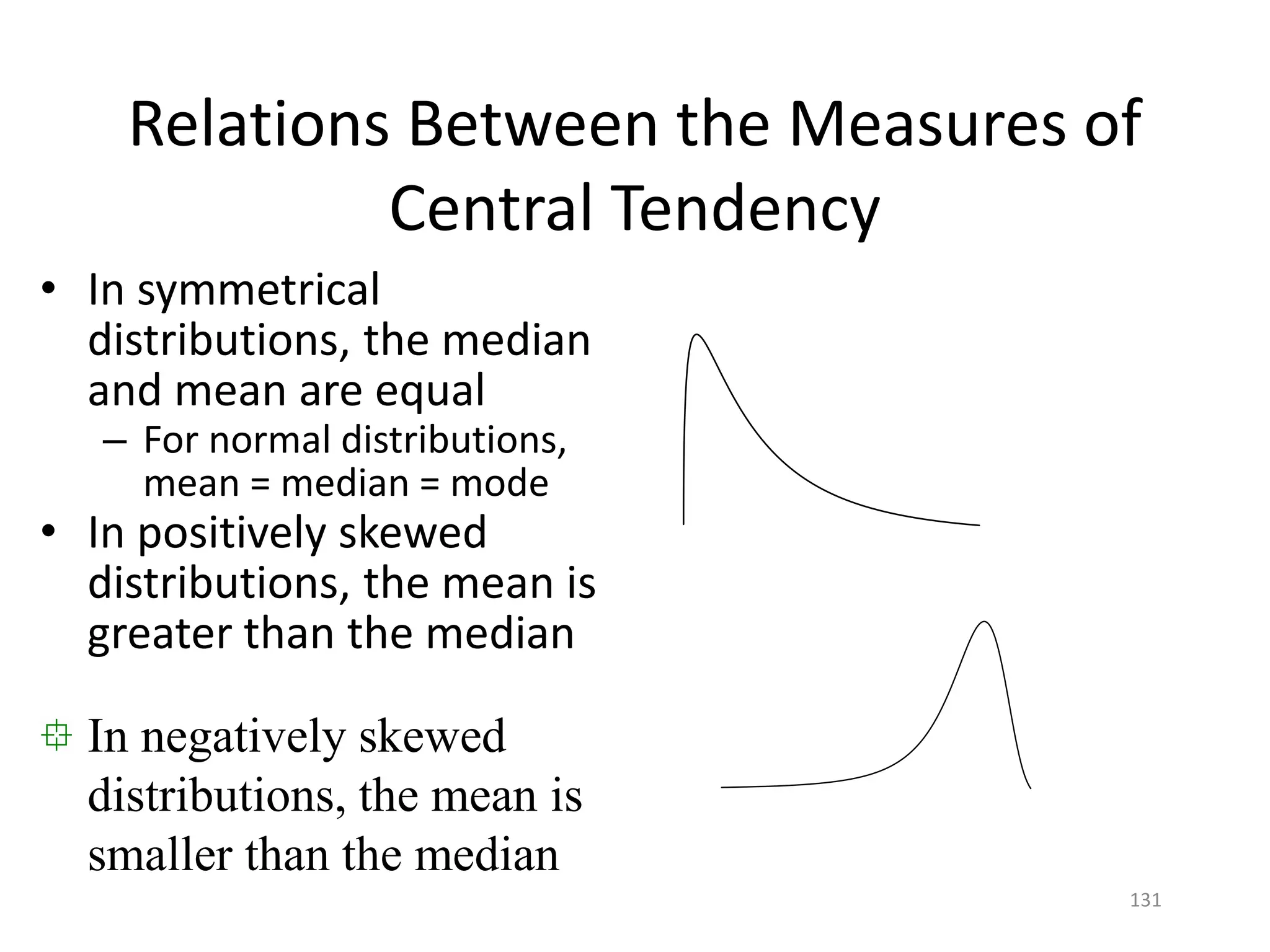 131
Relations Between the Measures of
Central Tendency
• In symmetrical
distributions, the median
and mean are equal
– For normal distributions,
mean = median = mode
• In positively skewed
distributions, the mean is
greater than the median
In negatively skewed
distributions, the mean is
smaller than the median
 