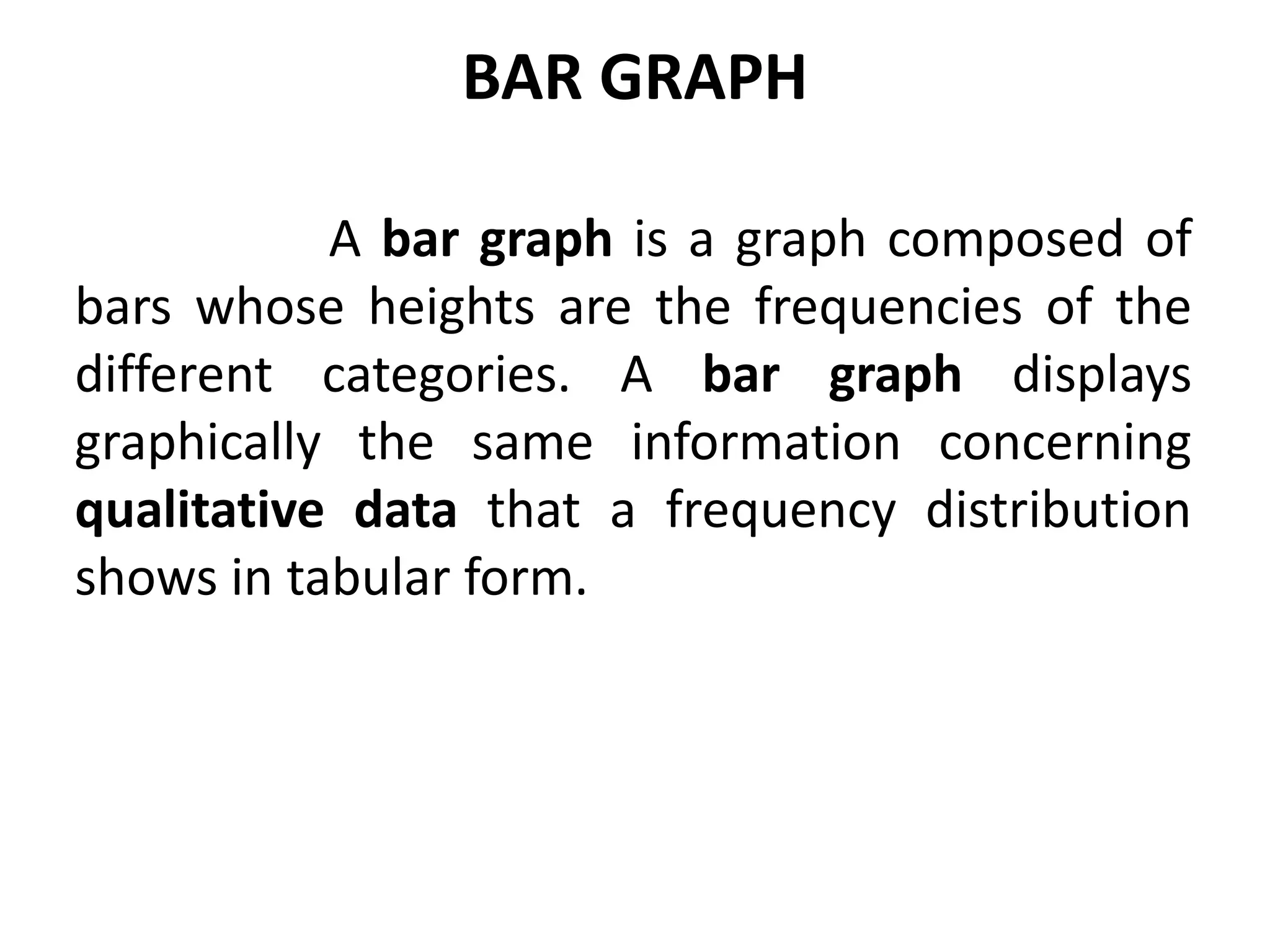 BAR GRAPH
A bar graph is a graph composed of
bars whose heights are the frequencies of the
different categories. A bar graph displays
graphically the same information concerning
qualitative data that a frequency distribution
shows in tabular form.
 