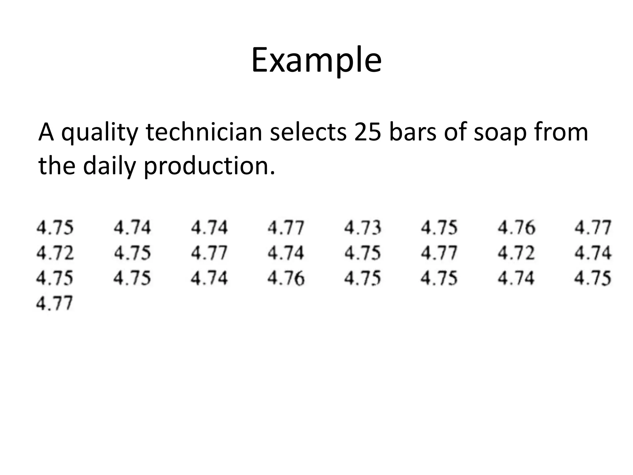 Example
A quality technician selects 25 bars of soap from
the daily production.
 