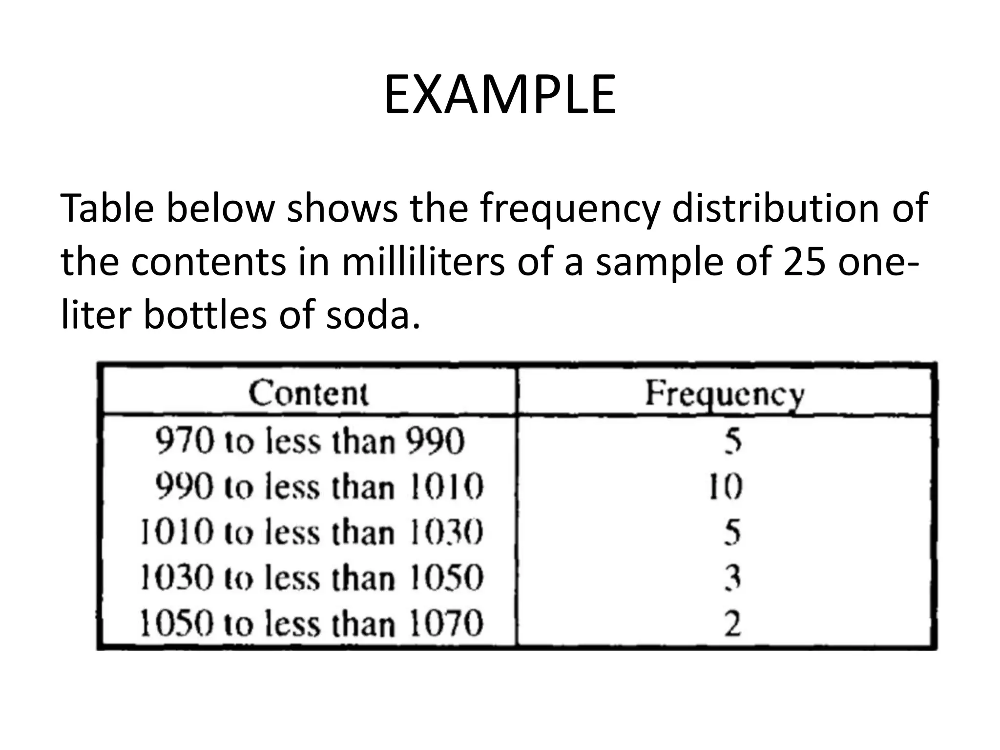 EXAMPLE
Table below shows the frequency distribution of
the contents in milliliters of a sample of 25 one-
liter bottles of soda.
 