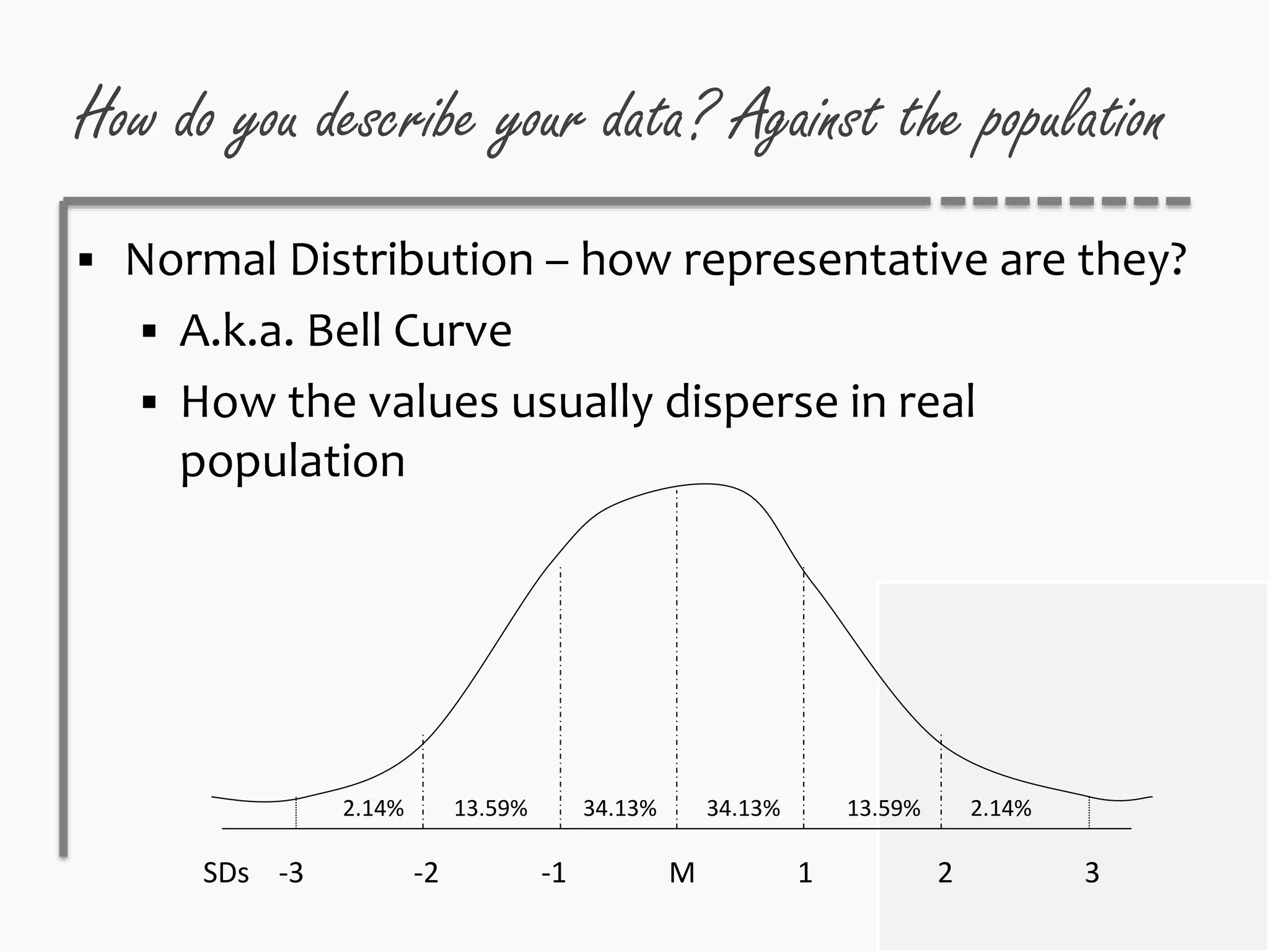 How do you describe your data? Against the population
 Normal Distribution – how representative are they?
 A.k.a. Bell Curve
 How the values usually disperse in real
population
SDs -3 -2 -1 M 1 2 3
2.14% 13.59% 34.13% 34.13% 13.59% 2.14%
 