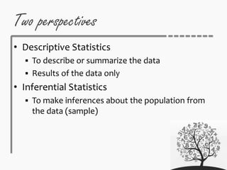 Two perspectives
• Descriptive Statistics
 To describe or summarize the data
 Results of the data only
• Inferential Statistics
 To make inferences about the population from
the data (sample)
 