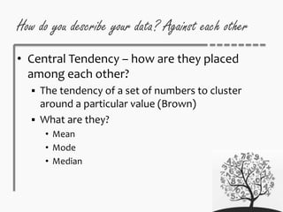 How do you describe your data? Against each other
• Central Tendency – how are they placed
among each other?
 The tendency of a set of numbers to cluster
around a particular value (Brown)
 What are they?
• Mean
• Mode
• Median
 